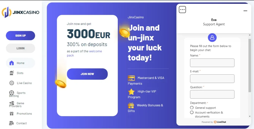 Customer support at Jinx Casino