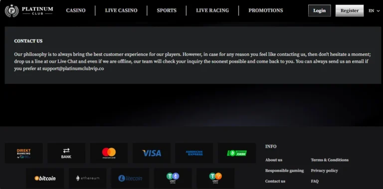 Contact us page on Platinum Club VIP Casino