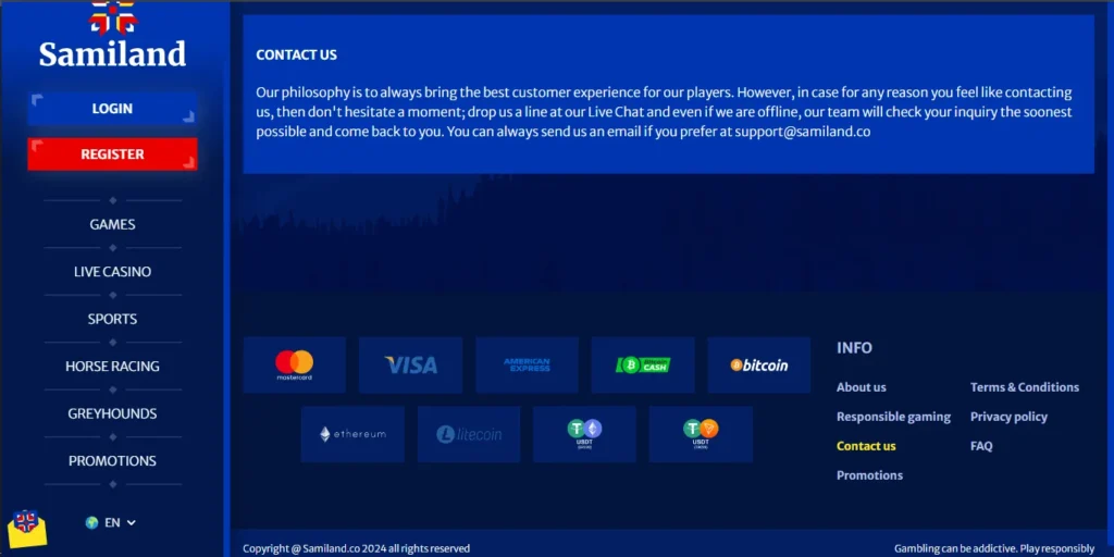 Contact us page by Samiland Casino
