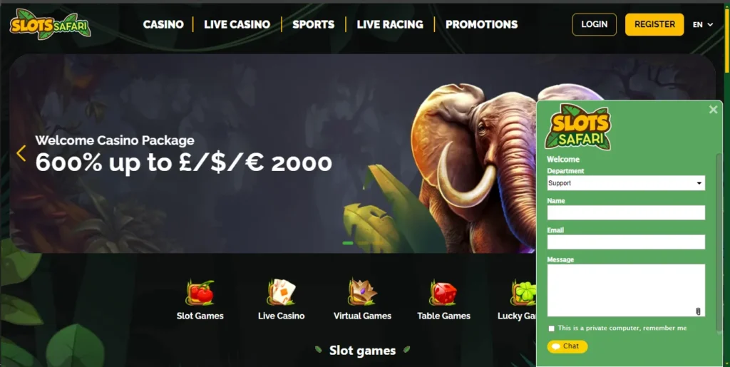 Customer support at Slots Safari Casino