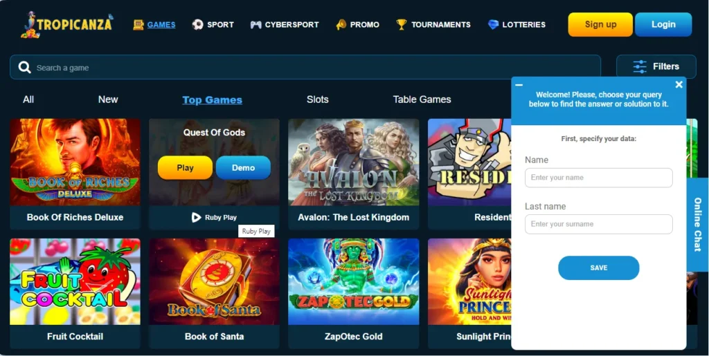 Customer support at Tropicanza Casino
