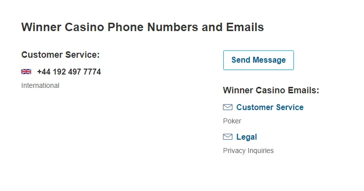 Contact us page at Winner Casino