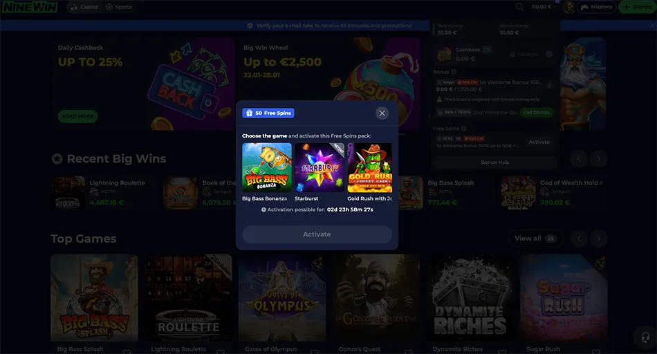 NineWin Casino promotions