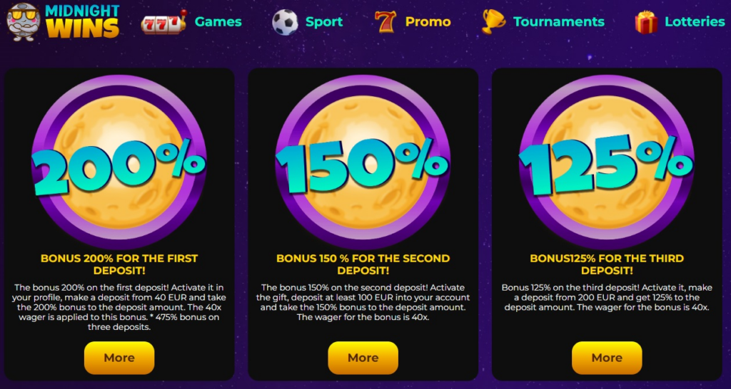 Bonus options at Midnight Wins Casino
