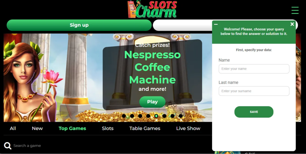 Support form at Slots Charm Casino