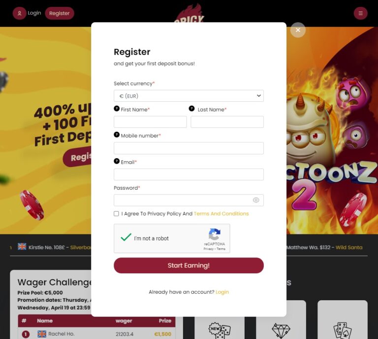 Registration page at Spicy Jackpots Casino