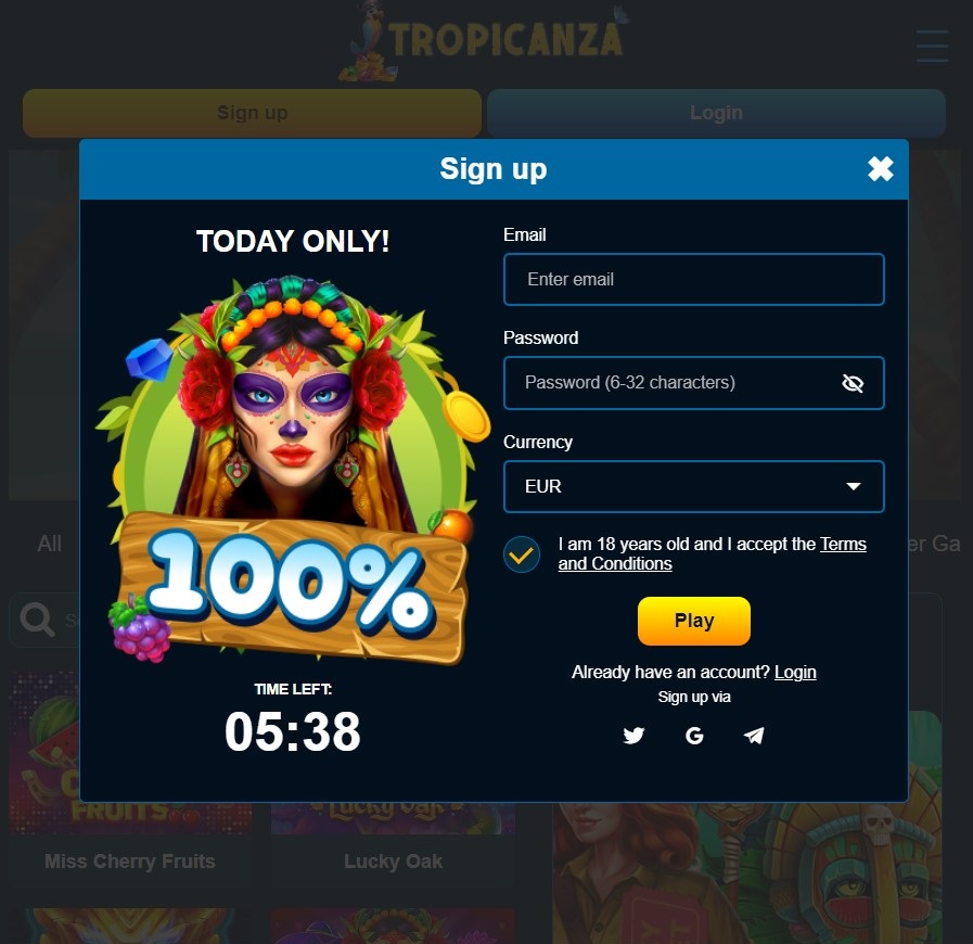 Sign up form by Tropicanza Casino